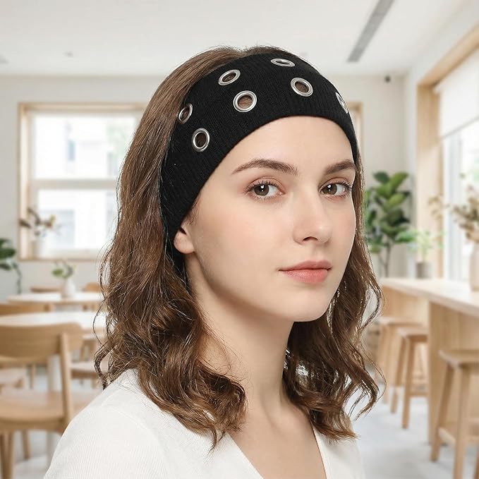 Grommet Headband for Women, Hollow Eyelet Elastic Headband Punk Grunge Y2K Headbands Gothic Rock Y2K Hair Accessories Stretchy Hair band for Women (Black, Adjustable)