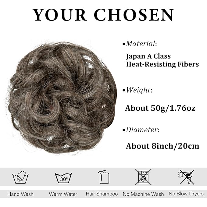 CJL HAIR Large Messy Bun Hair Piece Wavy Curly Scrunchies Synthetic Chignon Ponytail Hair Extensions Thick Updo Hairpieces for Women Pepper Brown
