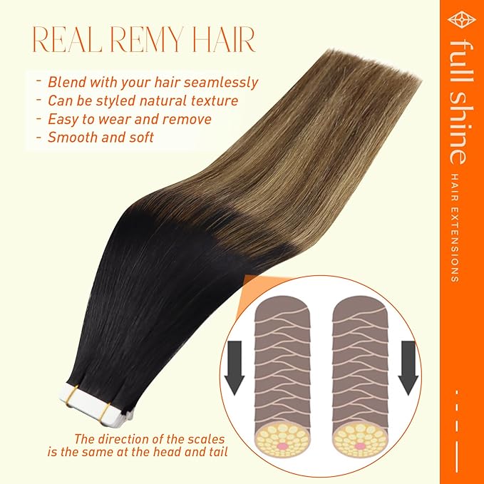 Full Shine Real Hair Extensions Tape ins Invisible Tape in Hair Extensions Human Hair 16 Inch Seamless Skin Weft Tape ins Human Hair Black 1B Fading to 6 and 27 Honey Blonde Hair Extension 20 Pcs 50G