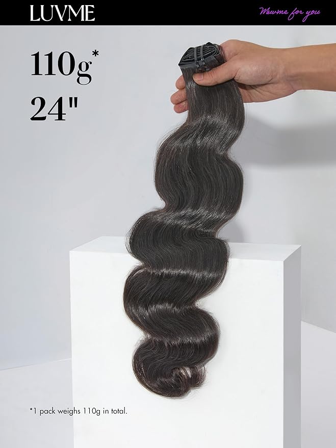 LUVME Body Wave Seamless 110g 7Pcs Clip in Hair Extensions Full Max with 24inch Remy Human Hair Extensions, Natural Black 100% Real Soft Hair