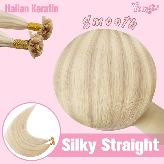YoungSee Highlight K Tip Hair Extensions Human Hair Highlight Ash Blonde with Blonde K Tips Hair Extensions Highlight 20In 1G/S 50G