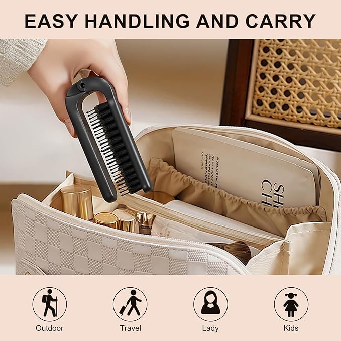 Folding Travel Hair Brush - Mini Boar Bristle Hairbrush Women, Men & Kids, Portable Pocket Purse Brush for Thick Thin Wet Dry Hair Restore Shine, Black