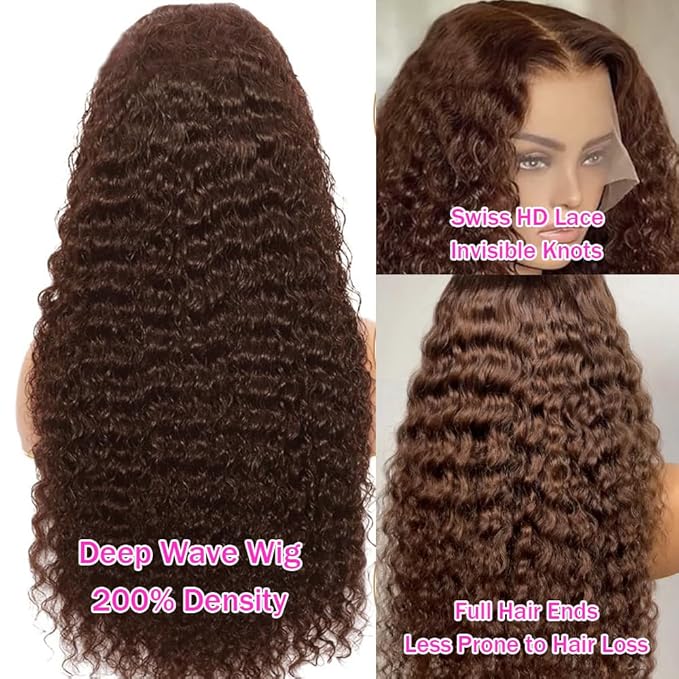 Anderah Chocolate Brown Deep Wave Lace Front Wigs Human Hair 200 Density 13x6 HD Lace Frontal Wigs Curly Human Hair Wig For Women Pre Plucked with Natural Hairline 4# Brown Color (36inch)