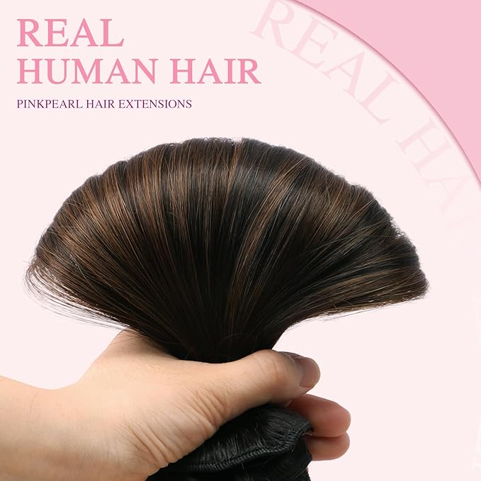 PINKPEARL Clip in Hair Extensions, 14 Inch 7pcs 120g #1BT4 Balayage Natural Black to Chocolate Brown, Hair Extensions Real Human Hair Clip Ins Natural Straight Hair for Women(#1BT4-14)