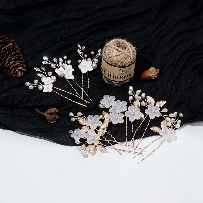 8Pcs Gold Bridal Wedding Hair Pins,White Flower Leaf Hair Piece Pearl Rhinestone Hair Clips,Hair Accessories for Women Brides Bridesmaid