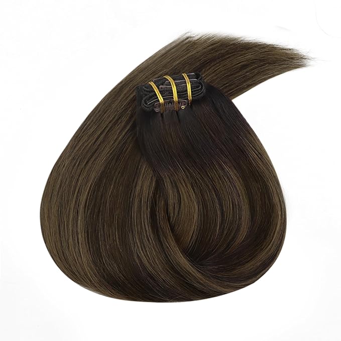 Ve Sunny Clip in Hair Extensions Dark Brown Balayage Medium Brown Real Hair Extensions Clip in Human Hair 14inch Human Hair Clip in Extensions Black Woman 100g