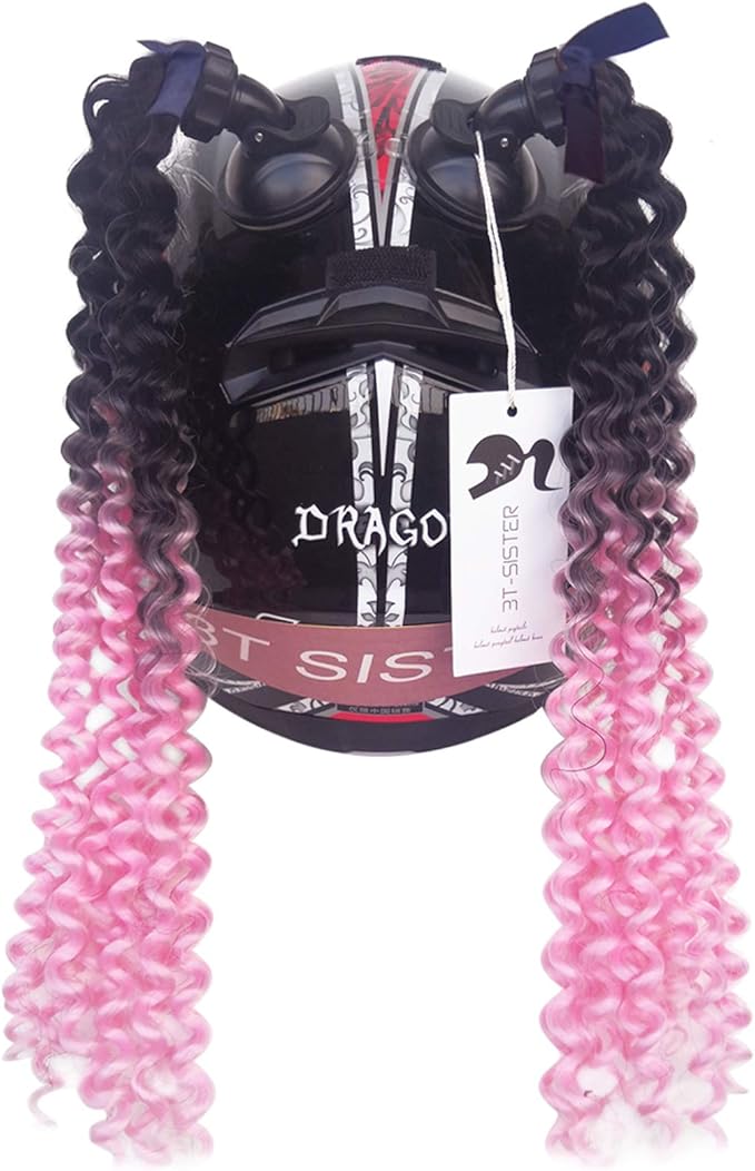 Helmet Pigtails Gradient Ramp Helmet Curly Ponytail Helmet Hair with Suction Cup for Motor Bike 2PCS 14inch Ombre Black to Pink (Helmet not Included)