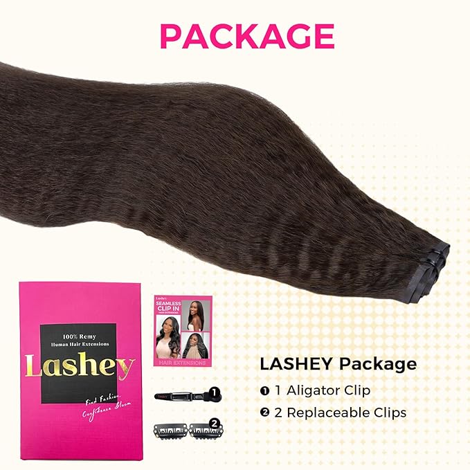 Lashey Seamless Clip in Hair Extensions Human Hair #2 Dark Brown Kinky Straight 7pcs 110g 16 Inch PU Weft Human Hair Clip in Extensions for Women