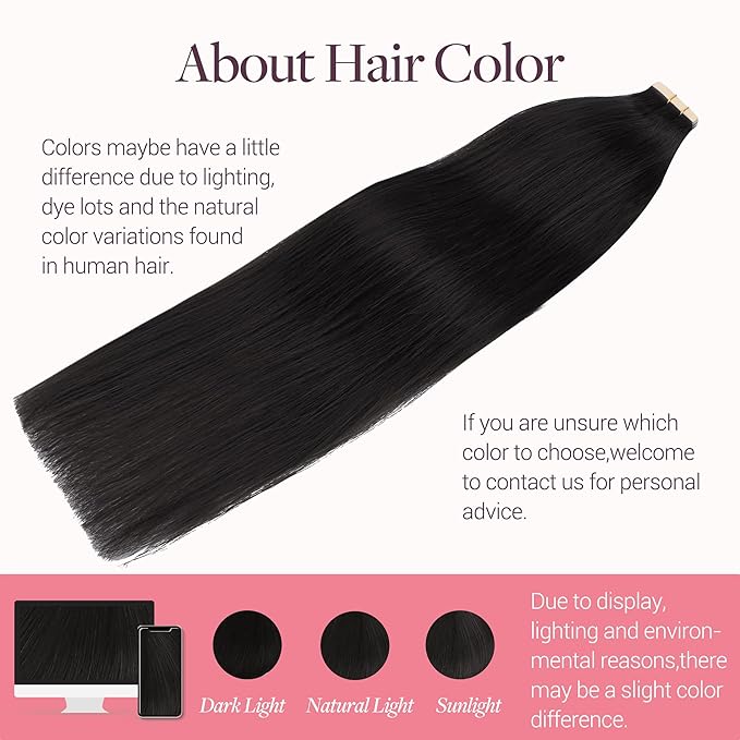 GOO GOO Tape in Hair Extensions Human Hair, 1B Natural black, 22inch 50g 20pcs, Skin Weft Seamless Invisible, Silky Straight with Thick Ends, Remy Human Hair