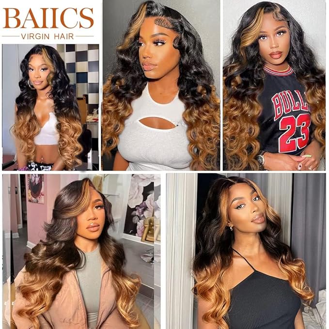 250% Density 13x6 Lace Front Wigs Human Hair Pre Plucked Body Wave HD Transparent Ombre Lace Front Wigs Glueless Wigs Human Hair 13x6 Balayage Wigs Human Hair Wigs 1B30 For Women 28inch