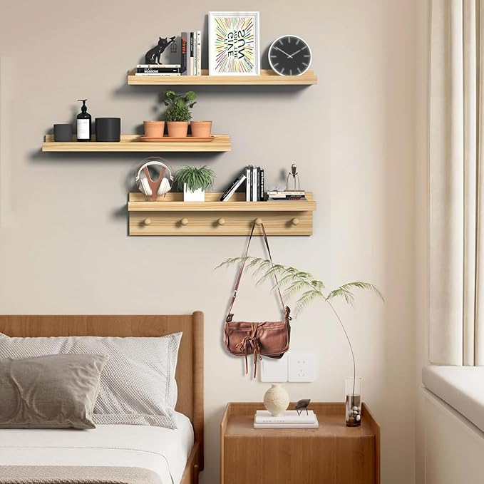 MBYD Natural Wood Floating Shelves, Unfinished Wood Picture Ledge, 24 Inch Picture Ledge for Kids Room, Floating Nursery Book Shelf with Hooks for Living Room, Kitchen, Bathroom