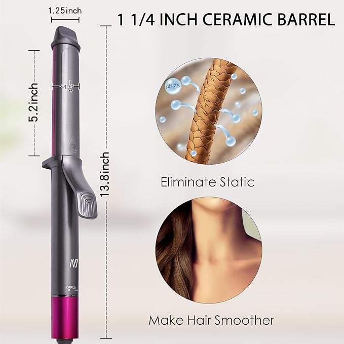 Curling Iron, 1 1/4 Inch Hair Curling Wand with Ceramic Coating, Professional Hair Curler, Fast Heating up to 430°F, Wide Voltage for Worldwide, 60 Mins Auto Off, Magenta