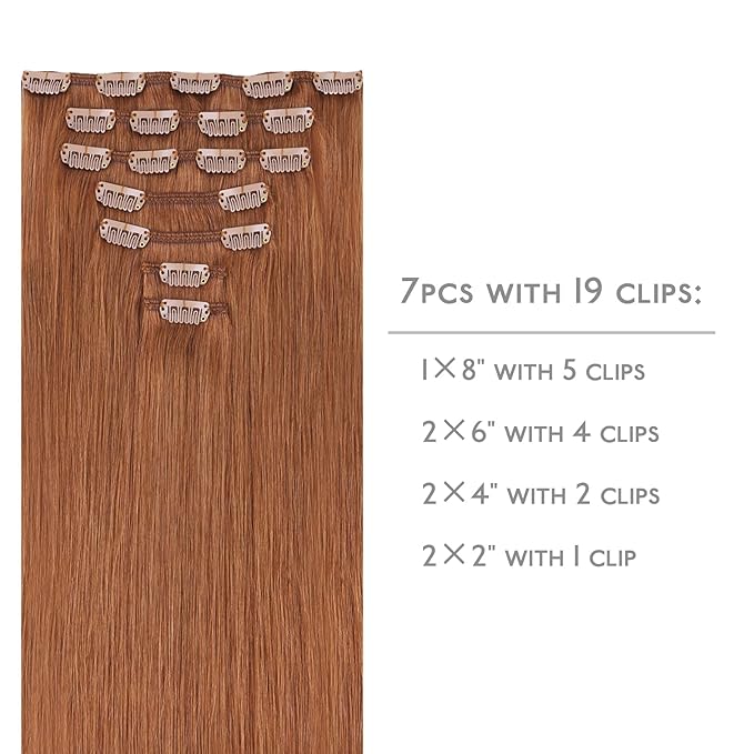 WENNALIFE Clip in Hair Extensions Real Human Hair, 20 Inch 120g 7pcs Cinnamon Terra Copper Remy Hair Straight Natural Extensiones De Cabello Humano Con Clip Ins