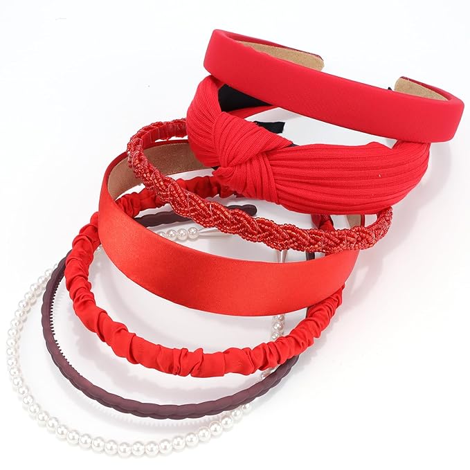 VELSCRUN Headbands for Women 7 Pcs Different Red Knotted Solid Pearl Head Bands Non Slip Hair Band for Womens Gilrs Thin Thick Short Hair Fashion Accessories