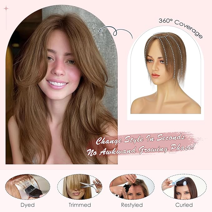 Human Hair Topper with Bangs for Women, 360° Cover Clip in Curtain Bangs Hair Toppers Hair Piece Medium Brown-3.15x4.33 Hand-tied Base (Medium Brown)