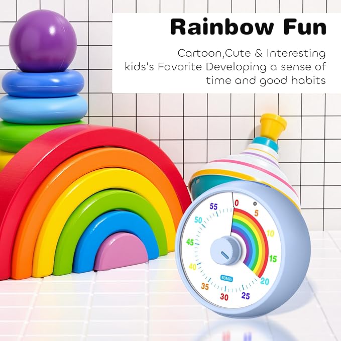 Visual Timer for Kids, 60-Minute Countdown Timer for Classroom Office Kitchen, Desk Timer Kids Time Management Tools with Silent Operation, Pomodoro Time Rainbow Pattern (Aquamarine)