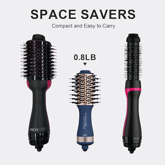 Dual Voltage Travel Hair Dryer Brush, 2 Inch Oval Hot Air Brush, One Step Travel Hair Styler/Volumizer/Straightener/Curler, European Blow Dryer Brush with Universal Adapter