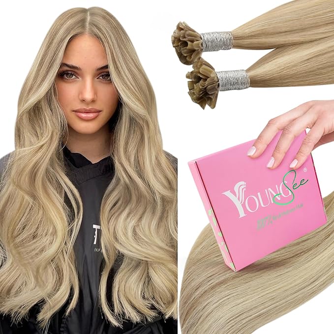 YoungSee U Tip Hair Extensions Human Hair Blonde Highlight U Tips Remy Hair Extensions Blonde Ktips Hair Extension Real Human Hair for Short Hair Keratin Hair Extension for Women 14In 1G/S 50G