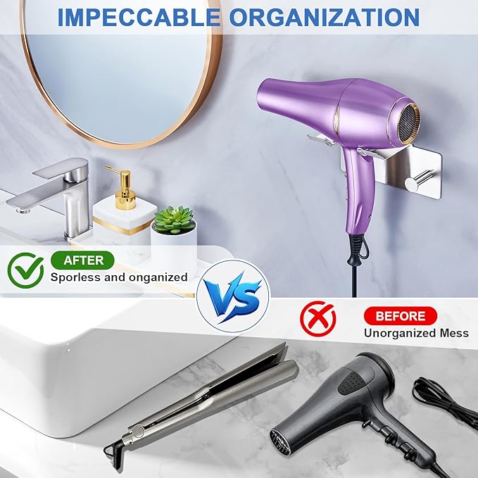 Hair Dryer Holder Wall Mounted, Blow Dryer Holder Adhesive, Metal Hairdryer Holder for Bathroom, Hair Tool Organizer with Plug&Cord for Cabinet Bathroom Bedroom Barber Shops