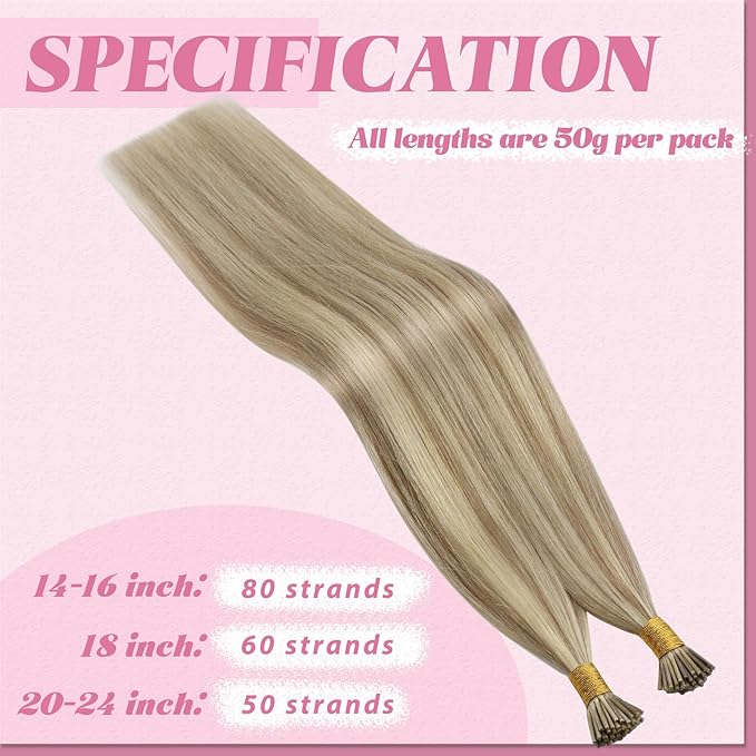 YoungSee I Tip Hair Extensions Human Hair Blonde I Tip Hair Extensions Blonde Highlighted Golden Blond Itip Human Hair Extension Pre Bonded Hair Extension for Women 22 Inch 50g 50s