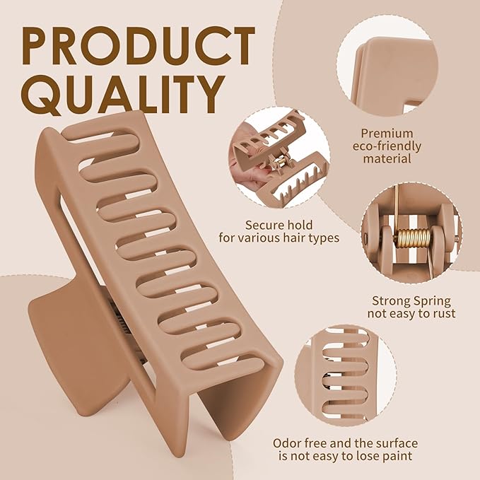 Hair Claw Clips for Women Matte Non-Slip 8-Pack | 4.3 inch & 3.5 inch Hair Clips | Strong Hold for Thick/Thin Hair & Curly Hair | Neutral Colors, All-Day Secure Grip