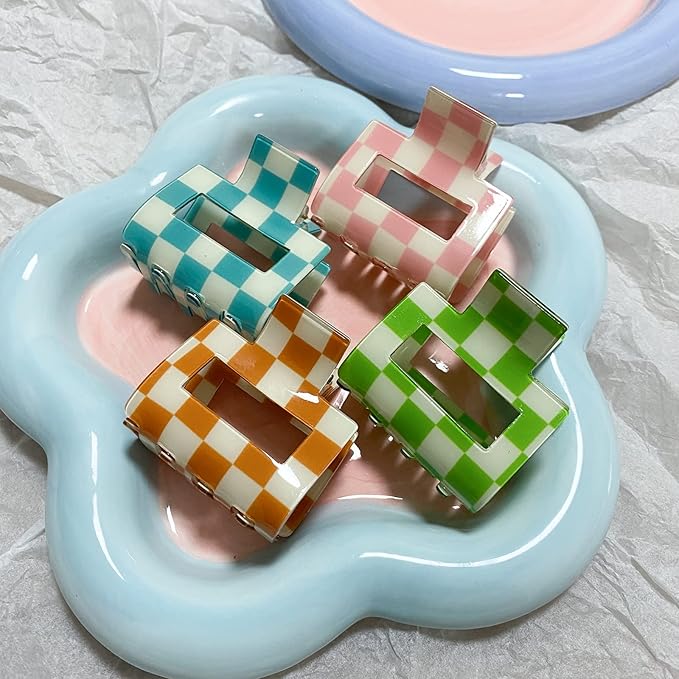 4 PCS Checkered Hair Clips (1.9 x 1.9 x 1.4 inches) for Thin or Thick Hair - Y2K Colors - Nonslip Hair Claw Clips for Women - Hair Clips Gift Set for Adult Women