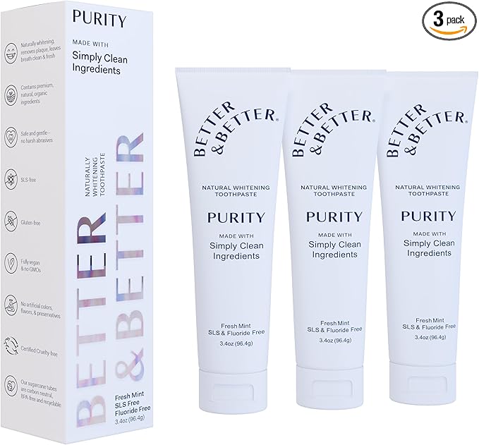 Better & Better Purity Toothpaste | Natural Whitening Toothpaste Without Additives | Organic, Vegan, Fluoride & SLS Free | Coconut-Based Formula w/Fresh Mint Flavor | 3.4oz