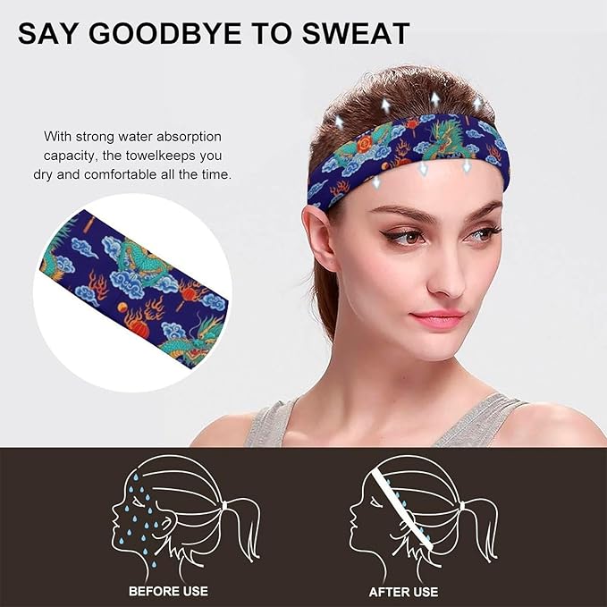 Sport Headbands for Men & Women, Sweat Wicking Workout Sweatband Traditional Chinese Dragon Design Hairband for Running, Cycling, Football, Yoga