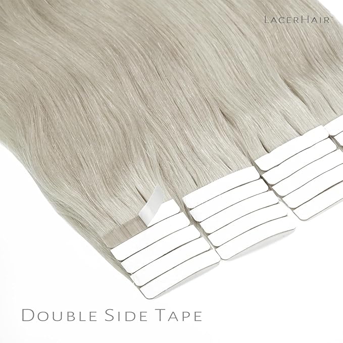Lacer Tape in Hair Extensions Silky Straight 14 Inch Silver Grey Adhesive Tape in Hair Extensions 100 Percent Remy Human Hair Soft Glue in Brazilian Hair Extensions 20 Pcs 50 Grams