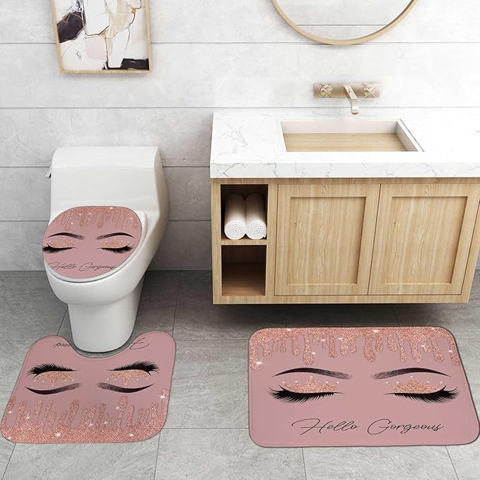 4PCS Hello Gorgeous Shower Curtain Set, Rose Gold Glitter Drip Bling Glam Diamond Crown Princess Unicorn Eyelash Girls Pink Bathroom Decor, Waterproof Fabric Shower Curtain Bath Mat Toilet Rug