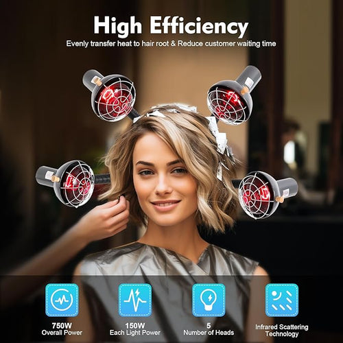 5 Heads Sun Lamp Heater Infrared Heat Lamp, Multifunctional Salon Hair Steamer, Professional Hair Salon Styling Machine Hooded Hair Dryer, Adjustable Vertical Perm and Color Machine with Rollers