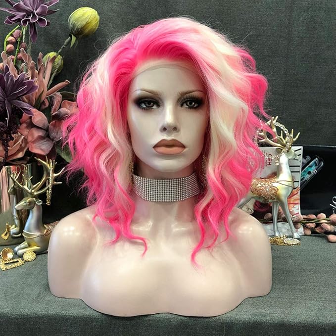IMSTYLE Pink Blonde Lace Front Wigs Short Bob Wavy Wigs Synthetic Hair Wig Free Part with Natural Hairline Shoulder Length for Women (Blonde Pink)
