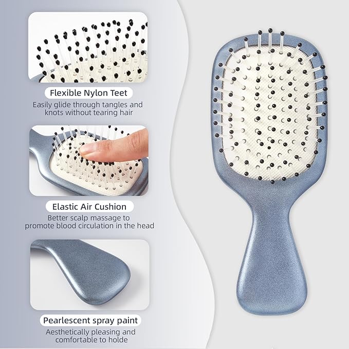 Mini Hair Bursh for Women Men and Kids, Protable Travel Size Hair Brush for Pockets Purses, Mini Detangler Brush for All Hair Types, Small Paddle Brush for Detangling (Blue)