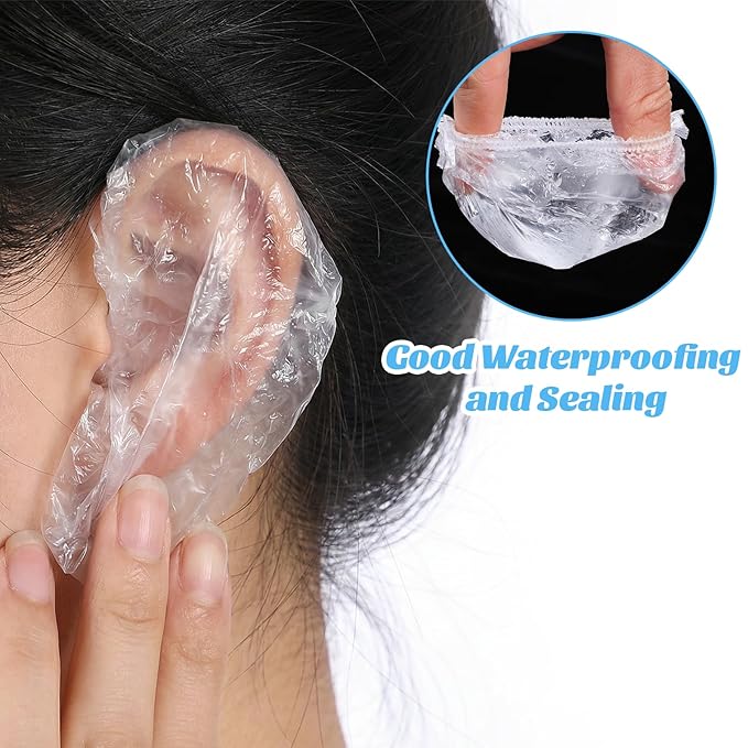 100 Pcs Disposable Clear Ear Covers, Ear Covers for Hair Dye, Waterproof Plastic Ear Protectors, Flexible Universal Earmuffs for Shower, Hair Dye, Bathing, Spa and Beauty Treatments Accessories