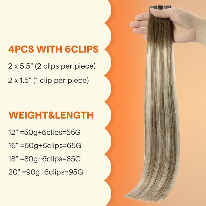 Full Shine Seamless Clip in Hair Extensions Real Human Hair, Darker Brown to Ash Brown Highlight Medium Blonde PU Weft Seamless Hair Extensions Clip in for Thin Hair, 4Pcs 12Inch 55 grams