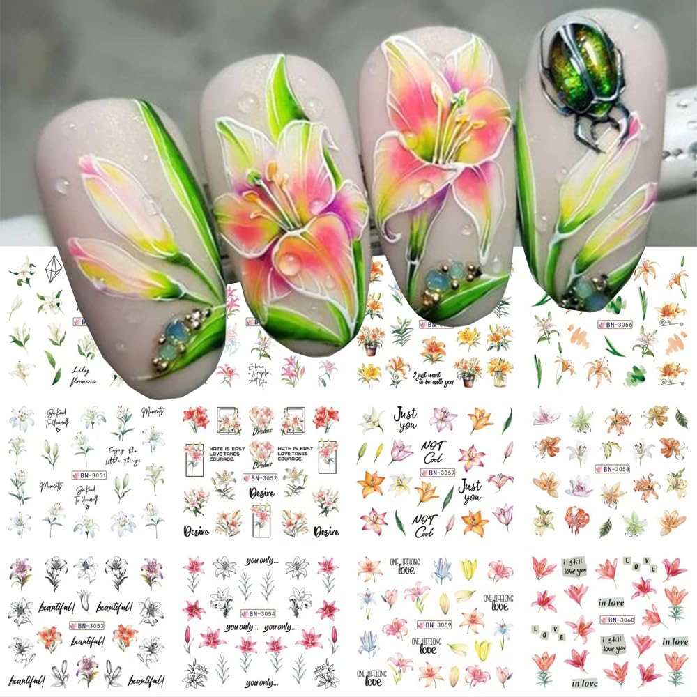 12 Designs Flower Nail Art Stickers - Lily Acrylic Decals for Spring Summer Decorations - Colorful Assorted Floral Water Transfer Slider Foil Sticker for Women