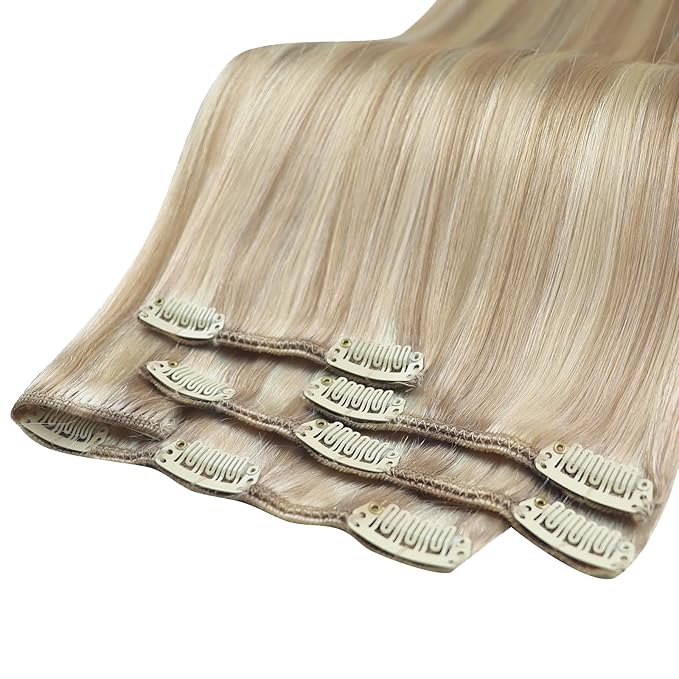 YoungSee 135G Blonde Clip in Human Hair Extensions Highlight Human Hair Clip in Extensions Warm Ash Blond Highlights Bleach Blonde Hair Extensions Clip ins Silky Remy Hair 16Inch 7Pcs