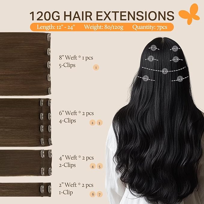 DOORES 24 Inch 120g Remy Hair Extensions Clip in Chocolate Brown Straight Clip in Human Hair Extensions Natural Hair Extensions Clip in Real Extensions 7pcs