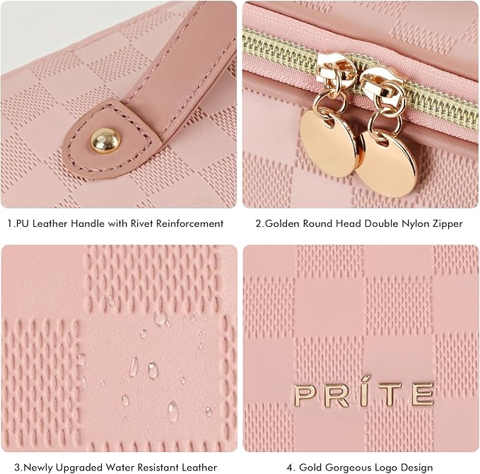 Prite Makeup Bag for Women Travel Waterproof Vegan Leather Cosmetic Bag Open Flat Toiletry Bag With Clear Divider and Handle (Plaid Pink)