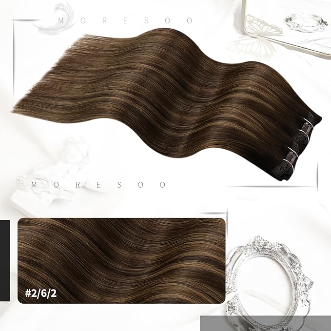 Moresoo Clip in Hair Extensions Remy Double Weft Human Hair Clip in Extensions Straight Balayage Hair Extensions Real Human Hair Clip ins Ombre Dark Brown with Chestnut Brown 7pcs/120g 18inch