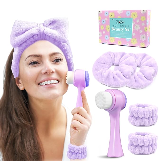 Spa Headband for Washing Face, Skincare headband and wristband set, Facial Cleansing Brush, 2-in-1 Skin Care face Brush, Come with a Hair Scrunchie For Massaging Makeup Skincare-Purple