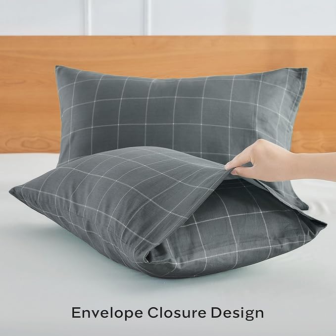 JELLYMONI 100% Natural Cotton Plaid King Pillowcases Set, 2 Pack Dark Gray with White Grid Geometric Pattern Printed Pillow Covers with Envelope Closure(Pillows are not Included)