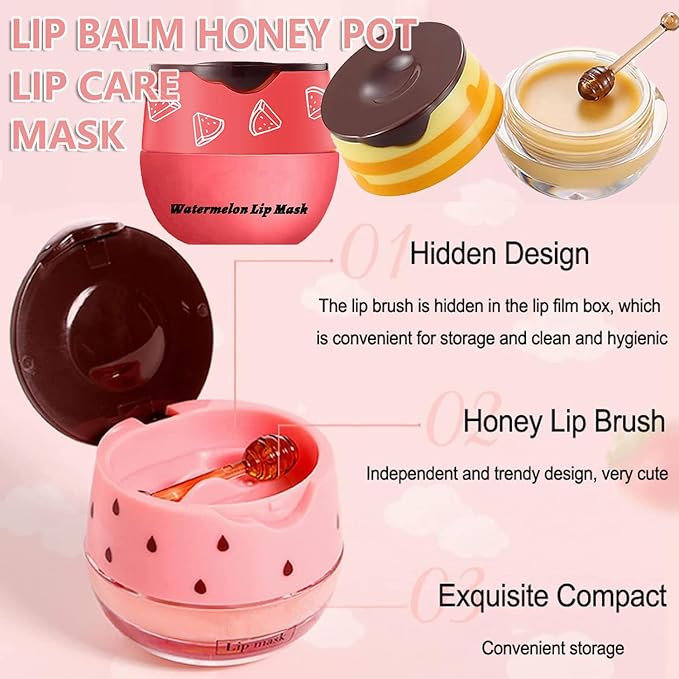 1PCS Lip Balm Honey Lip Balm, Honey Pot Lip Balm Sleeping Lip Mask with Brush, Hydrating & Prevention Dry and Cracked, Lip Scrubs Exfoliator & Moisturizer