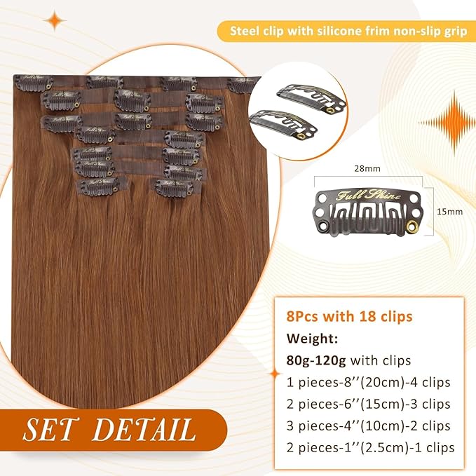 Full Shine Clip in Hair Extensions 20 Inch Human Hair Copper Remy Clip in Extensions Real Human Hair Red Hair Extensions Pu Weft Invisible Straight Hair Extensions Real Human Hair Clip ins 120G 8 Pcs