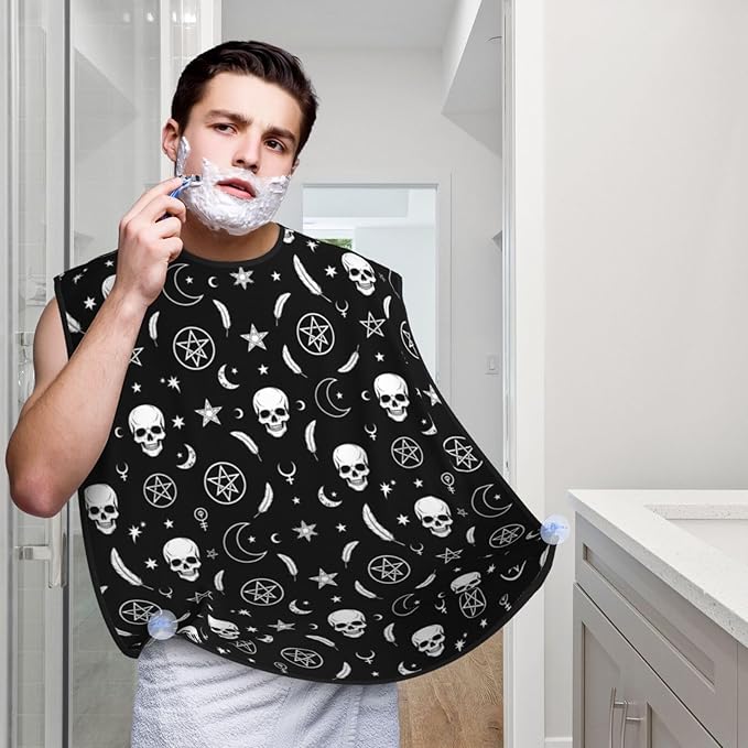 Adjustable Beard Catcher Apron, Goth Raven Crow Skull Moon Star Gothic Witch Magic Spirit Board Shave Bib, Non-Stick Waterproof Grooming Bib, Shaving Essential for Men Dad Christmas
