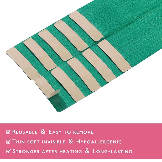 WENNALIFE Tape in Hair Extensions Human Hair Green Tape in Extensions, 10pcs 25g 16 inch Remy Invisible Tape Ins Straight Colored Soft Real Human Hair Tape in Extensions Refill Set Extensions