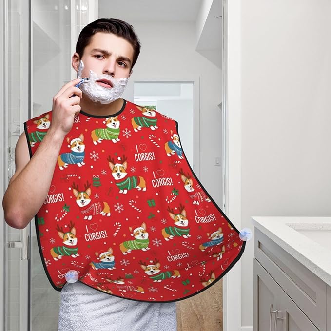 Beard Hair Catcher Bib, Waterproof Non-Stick Grooming Apron for Shaving Trimming, Perfect for Men Dad, Christmas Red Corgis Dog Shave Bib