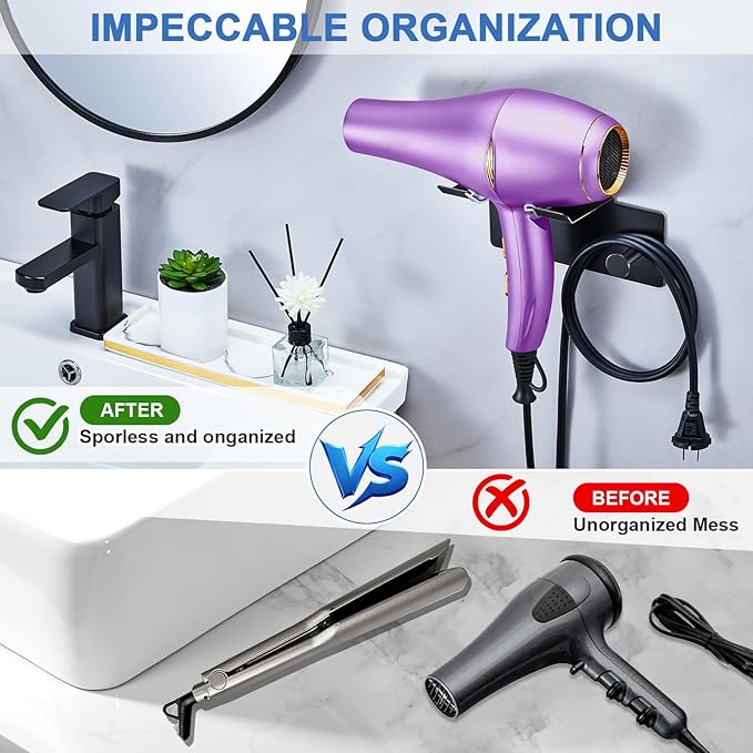 Hair Dryer Holder Wall Mounted, Blow Dryer Holder Adhesive, Metal Hairdryer Holder for Bathroom, Hair Tool Organizer with Plug&Cord for Cabinet Bathroom Bedroom Barber Shops