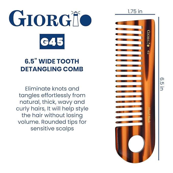 Giorgio G45 Tortoiseshell Detangling Wide Tooth Shower Comb, Easy Use for Thick Curly Wavy Hair. Long Detangler Comb For Wet and Dry Hair. Handmade, Saw-Cut, Hand Polished