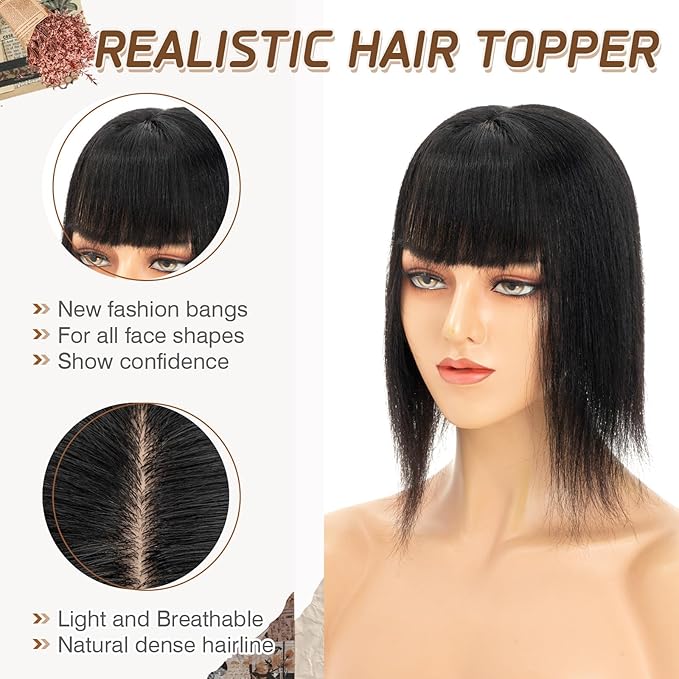 Rich Choices Real Human Hair Topper With Bang - 100% Remy Hair for Women With Thinning Hair - Clip in Silk Base 12 Inch #1 Jet Black